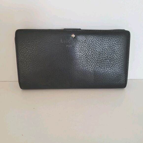 Kate Spade Clutch Wallet Black Pebble Leather Logo Large Bifold Logo Classic - Picture 1 of 7